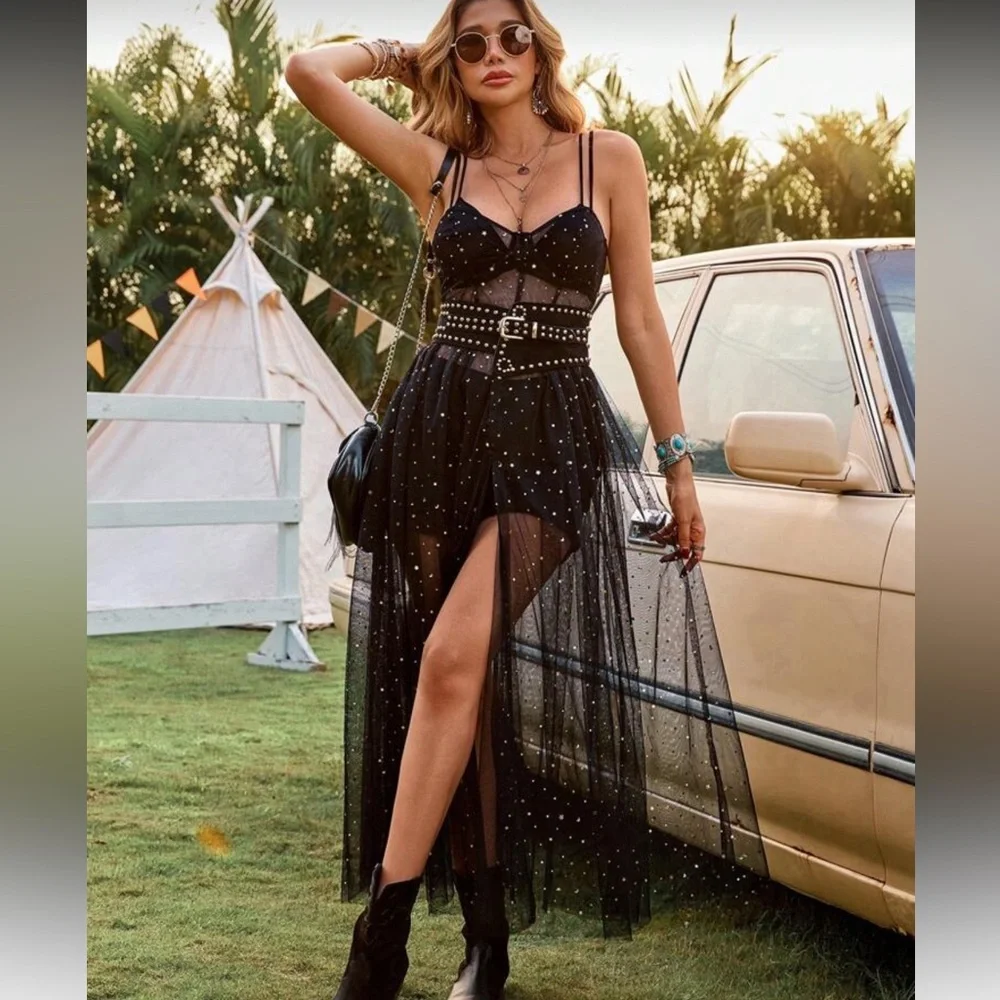 Sheer sequin glitter black gold mesh maxi dress festival boho western modern - Picture 4 of 7